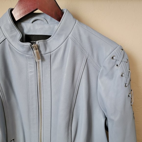 Neiman Marcus Light Blue Leather Lace-Up Moto Leather Jacket - Picture 3 of 16